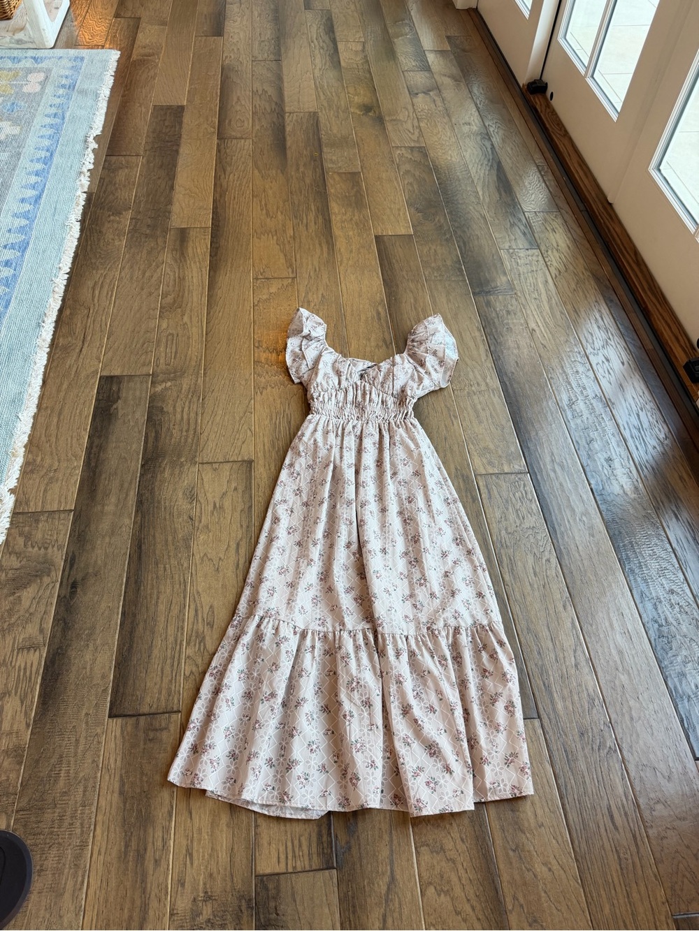 Altar'd State Beige Floral Maxi Dress with Ruffle Sleeves